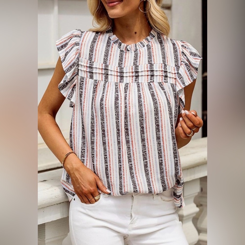 Striped Ruffle Sleeve Top - Picture 2 of 5